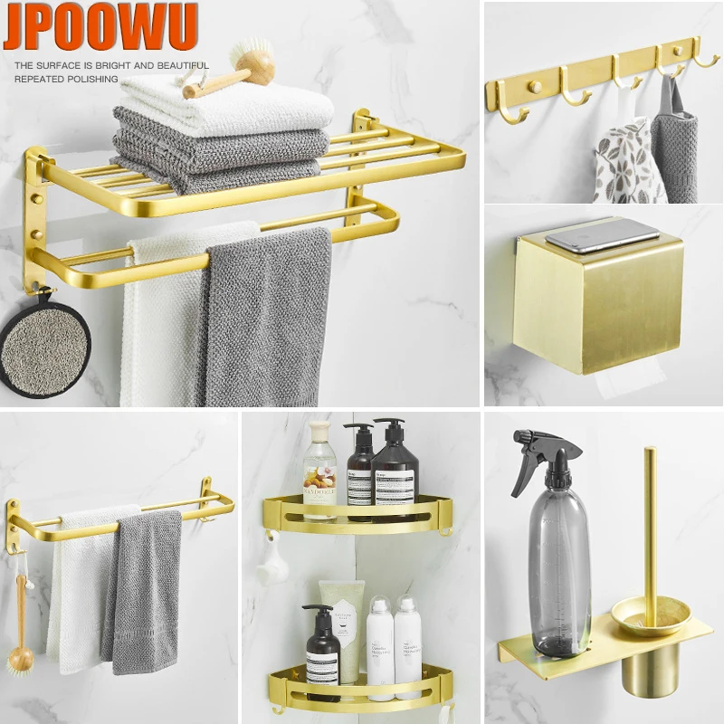 

Gold Bathroom Hardware Set Wall Mount Towel Holder Shelf Modern Paper Box Space Aluminum Toilet Brush Shower Shampoo Basket Rack