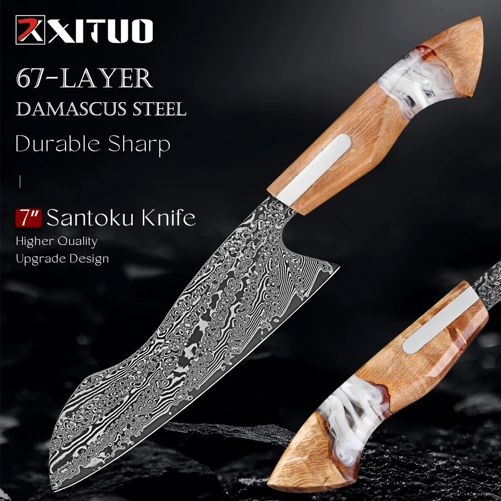 Japanese Damascus Santoku Knife 7 Inch Chef Knife for Meat & Vegetables Sharp Professional Kitchen Knife Premium Cooking Knives