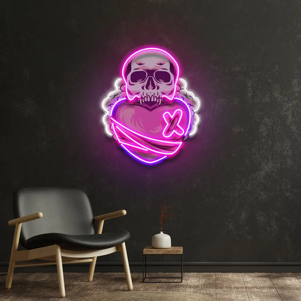 Skull Heart Neon Sign Wall Decor Wall Art Decor Game Room Bar Beer Club Pub Neon Birthday Gift for Teens Anime Skull Home Decor