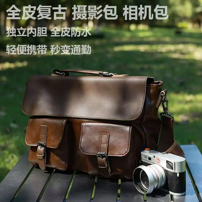 Borsa per fotocamera interamente in pelle, pacchetto fotocamera impermeabile a spalla singola DSLR, fotocamera mirrorless, borse di stoccaggio artistiche digitali e retrò