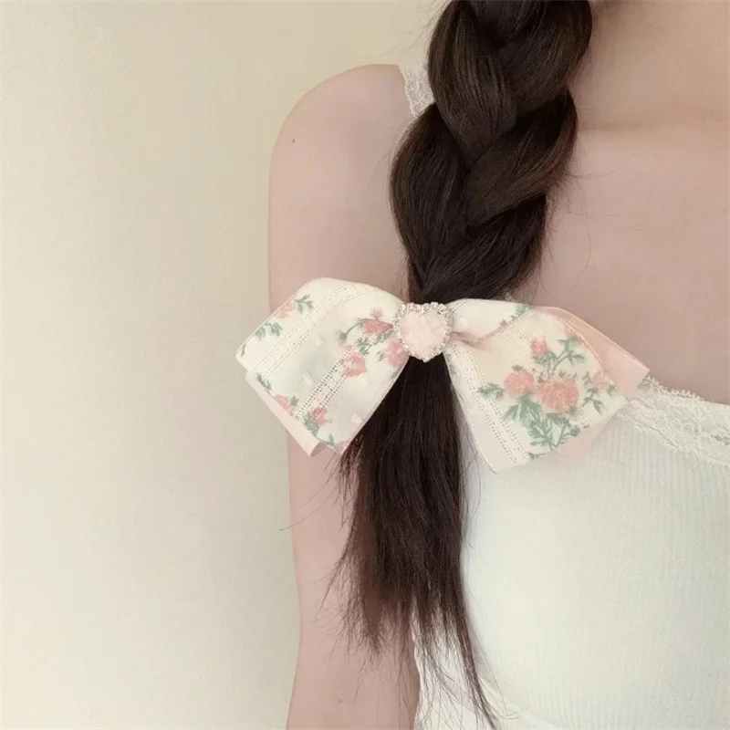 Pink Floral Heart-shaped Bow Hairclip For Women Girls Headdress Sweet Print Temperament Hairpin Hair Accessories