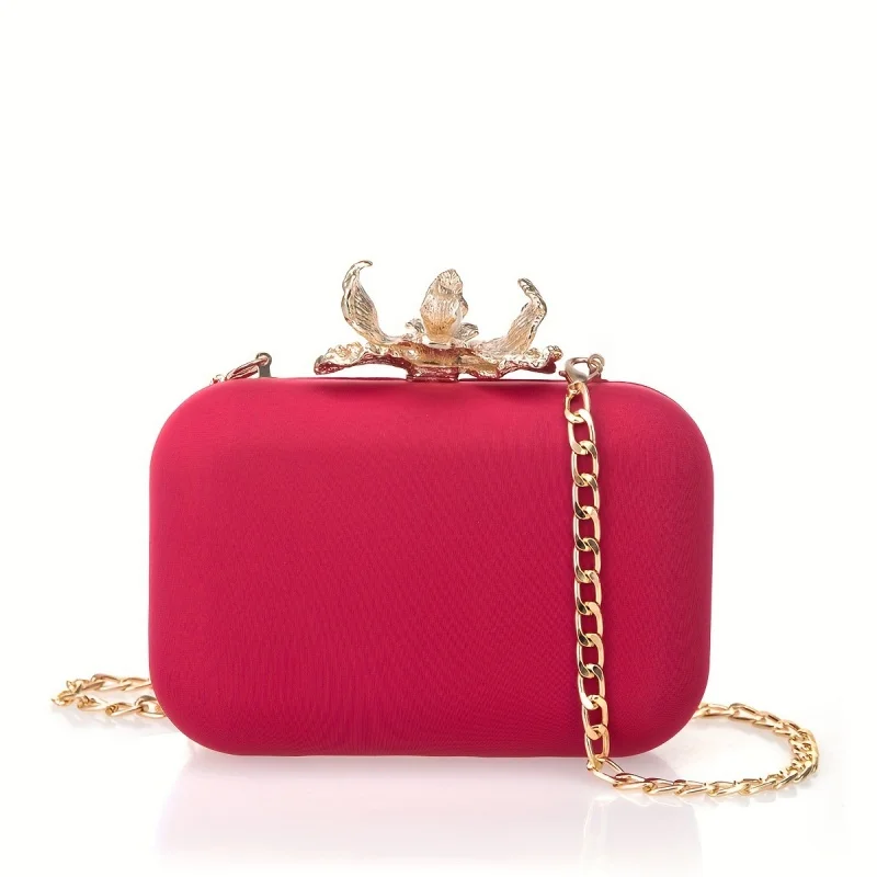 Gold Floral Metal Lock Box Clutch Women's Bright Fuchsia Wedding Party Evening Bags Small Crossbody Purse Detachable Chain