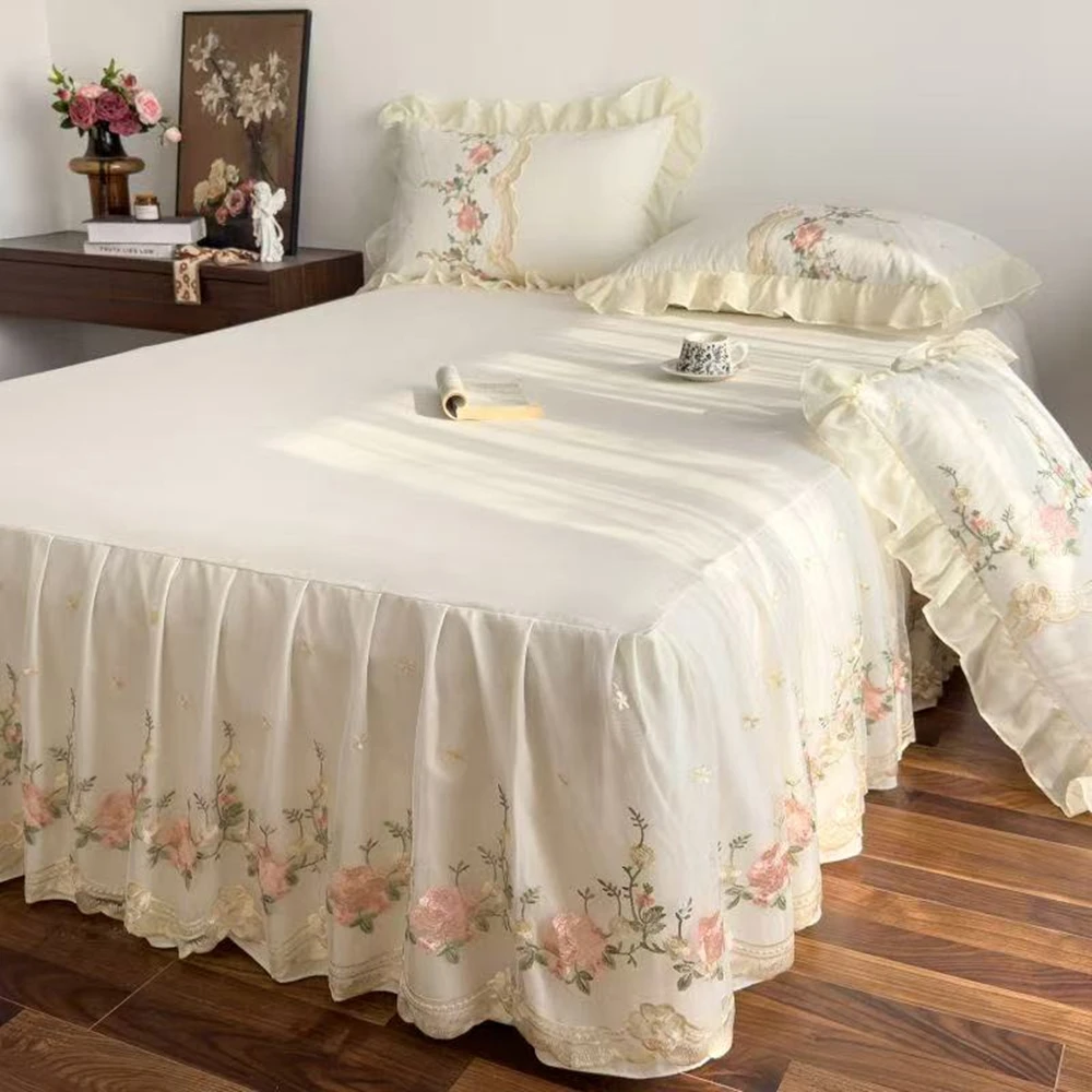 Princess Ruffle Solid Color Embroidery Bed Skirt Twin Queen King Size Bedding Single Double Bed Duvet Cover Pillowcase