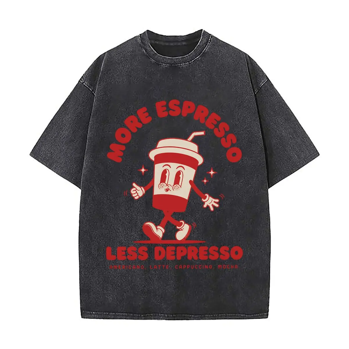 More Espresso Less Depresso Americano Latte Cappuccino Mocha Coffee Character Washed Short Sleeve Loose Streetwear Tee Hip Hop