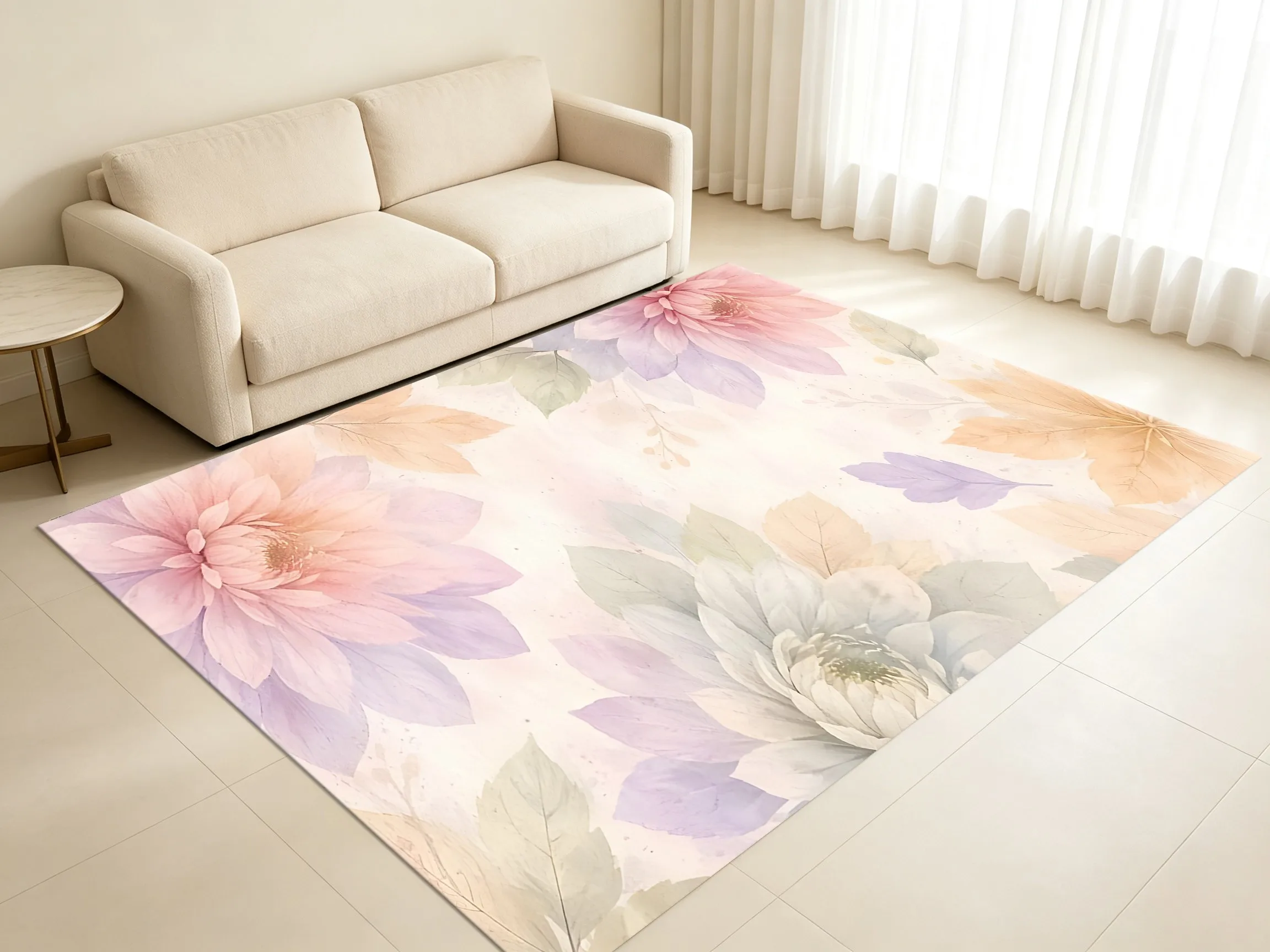2D Large Rug Pastel Dahlia Pattern Gentle Fresh Style Living Room Bedroom Home Decor
