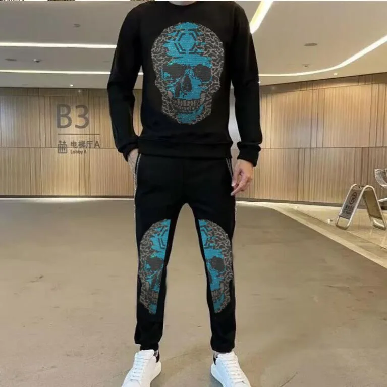 Fashion Diamonds Skull Men's Sets Casual Autumn Winter Round Neck Hoodie and Pant Suits Men Black Tracksuit Ropa De Hombres