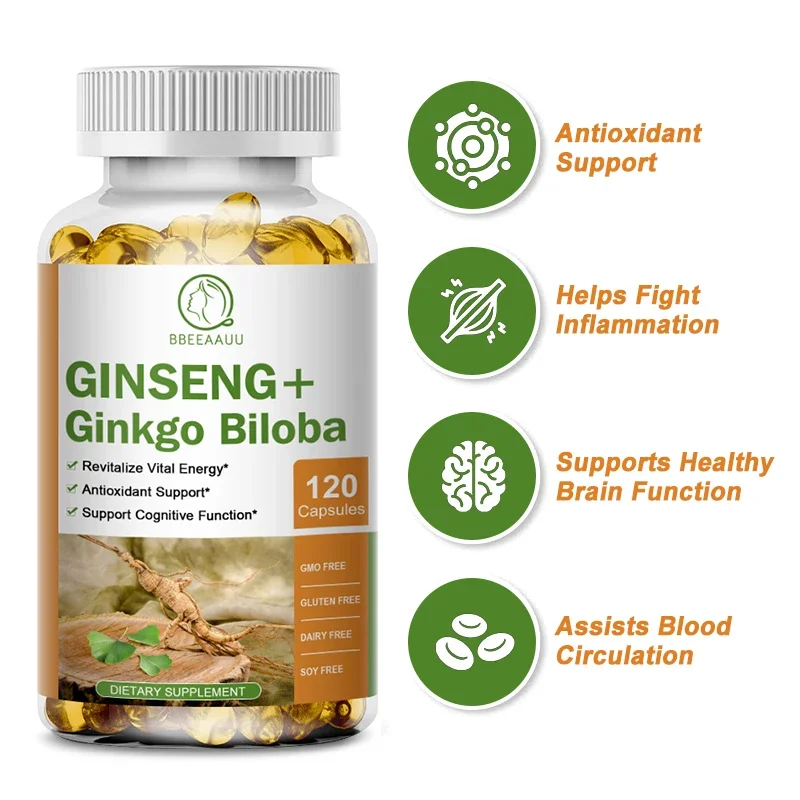 

BBEEAAUU Ginseng+Ginkgo Biloba Extract Capsules Support Brain Cognitive Function,Memory &Concentration Health Blood Circulation
