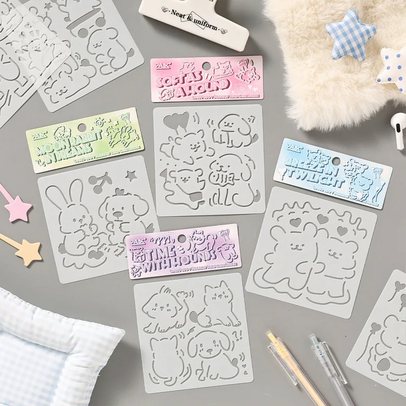 6Pcs Hollow‑out PP Stencils, Kawaii Puppy Rabbit Animal Drawing Templates for Journal Planner Decoration