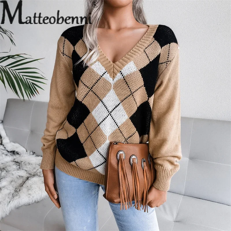 College Style Rhombus Sweater Women Elegant V Neck Pullover Jumpers Female Autumn Winter Casual Loose Knitwear Trend Streetwear