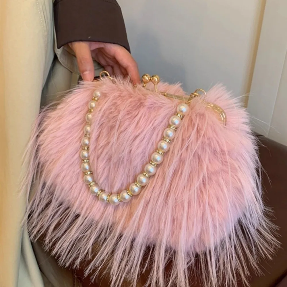 

Elegant Faux Fur Evening Bag Solid Color Fluffy Shoulder Bag Pearl Chain Large Capacity Clutch Bag Large Capacity Plush Handbag