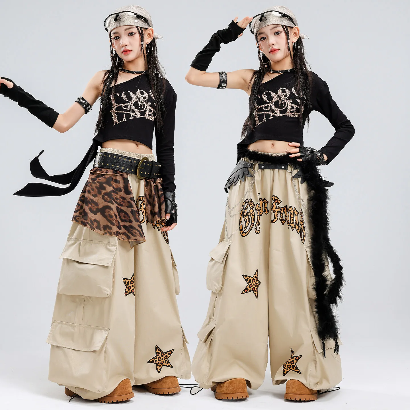 Girls Jazz Dance Outfit Leopard Print Slanted Strap Crop Top Cargo Pants Kids Model Catwalk Hip Hop Stage Performance Costume