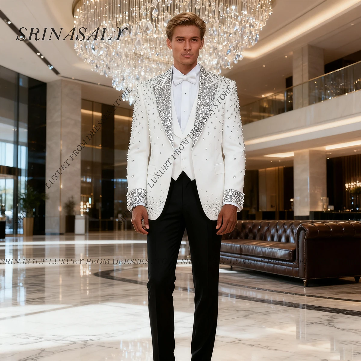 

Customized Luxury Diamond Ornament Men Suit Wedding Tuxedos 2 Pieces Sets Slim Groom Male Blazers Formal Business Ropa hombre