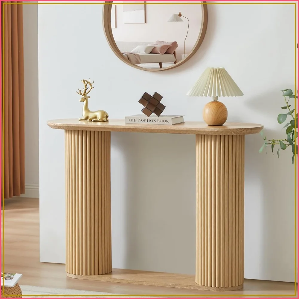 Fluted Console Table Farmhouse Oval Curved Entryway Table with Storage Narrow Sofa Table Natural