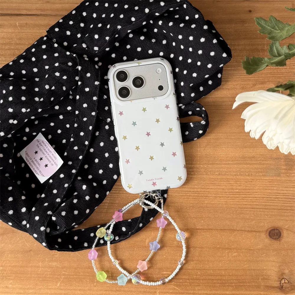 Cute Colorful Star Fresh Style Phone case for iPhone 15 Pro 16 Max 15 17 Pro Max Cases with Chain Korean Cover Protection Funda