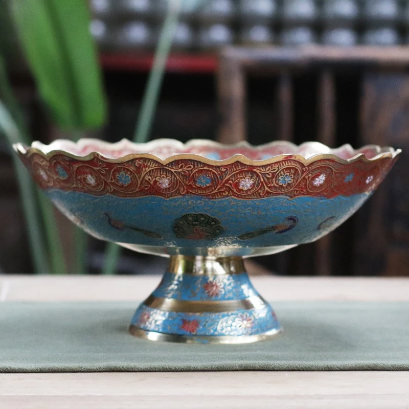 Tibetan Style Nepal Handmade Copper Offering Worship Buddha High-legged Plate Household Temple Worship Meditation Hotel Lobbies