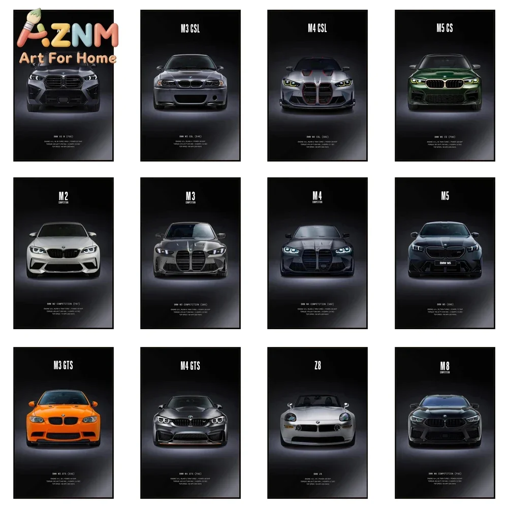 AZNM BMW M Power Series Canvas Wall Art German Performance Sports Car Poster Unframed Canvas Print for Garage Home Decor