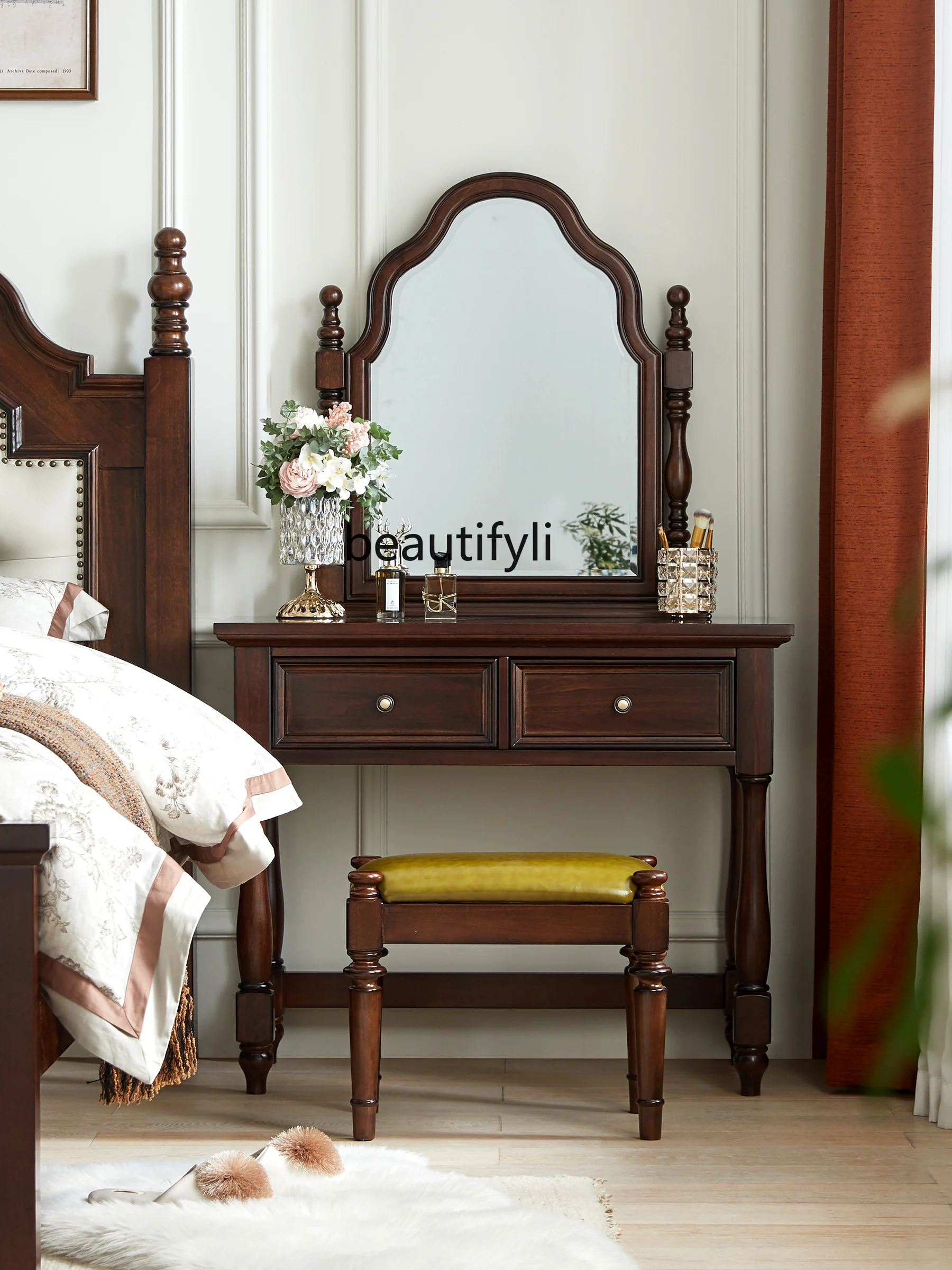 

American Country Retro Solid Wood Dressing Table Small Apartment Integrated Makeup Table with Storage Mirror Furniture Simple