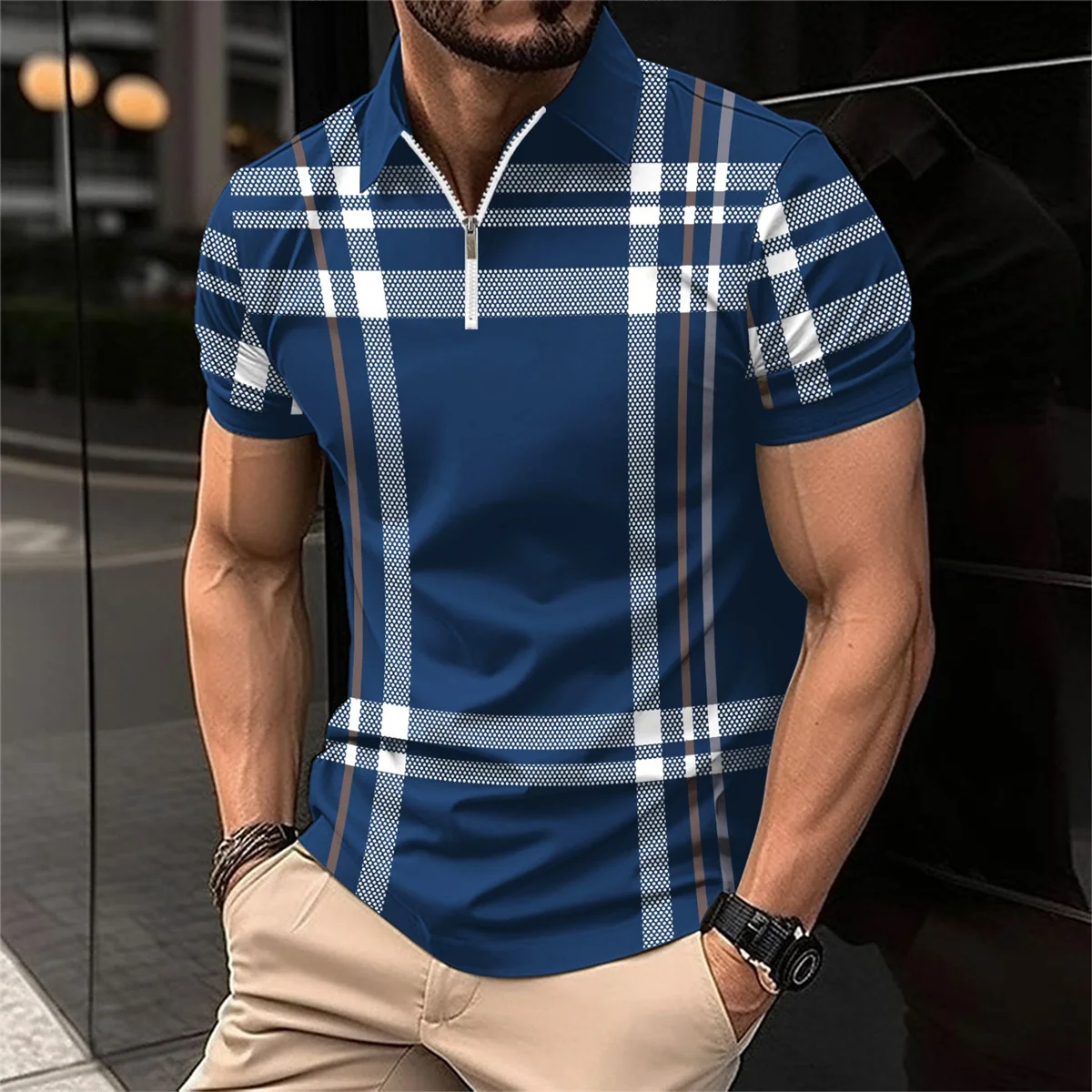 2024 Summer Men's Fashion New Lapel Zip-Up Short Sleeve Business Casual Street Striped Print Comfortable Polo Shirt