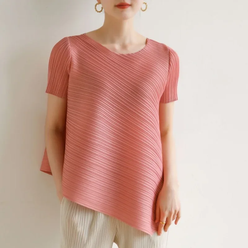 ALSEY Miyake Irregular Fashion Short Sleeve Female T-shirt 2024 Summer New Simple Plus Size Casual Round Neck Top Women's