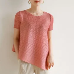 ALSEY Miyake Irregular Fashion Short Sleeve Female T-shirt 2024 Summer New Simple Plus Size Casual Round Neck Top Women's