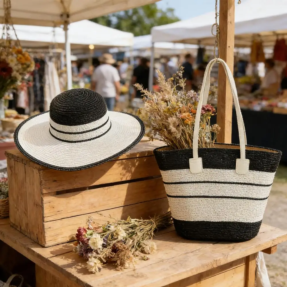 Summer Straw Tote Bag 2pcs Summer Beach Hat Tote Bag Set Wide Brim Straw Sun Hat Handmade Rattan Picnic Bag with Striped Print