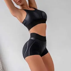 Black Gym Suits Sports Fitness Set Tank Top Women Sexy Bra Spliced Mesh Hip Shorts  Tracksuit Yoga   Clothing