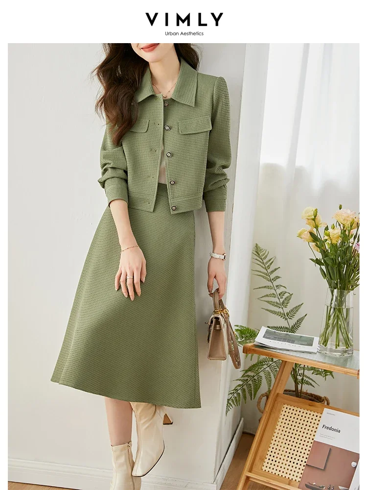 VIMLY Green Textured Two Piece Outfits Spódnica Zestawy Wiosna 2024 Kobiety Odzież biurowa Długi rękaw Przycięta kurtka A Line Spódnica midi