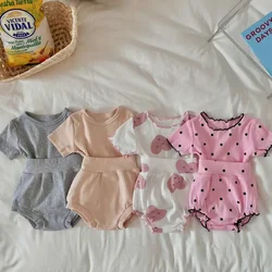 Summer Kids Baby Girls Boys 2Pcs Short Sleeve Heart Dot Print Top Tees+Bottoms Shorts Infant Children Cotton Causal Clothing Set