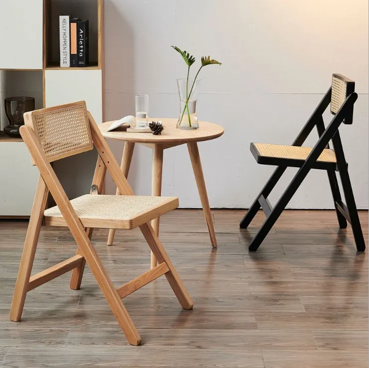 Solid wood rattan woven folding chairs, home retro dining chairs, simple leisure chairs, study, homestay, Chandigarh