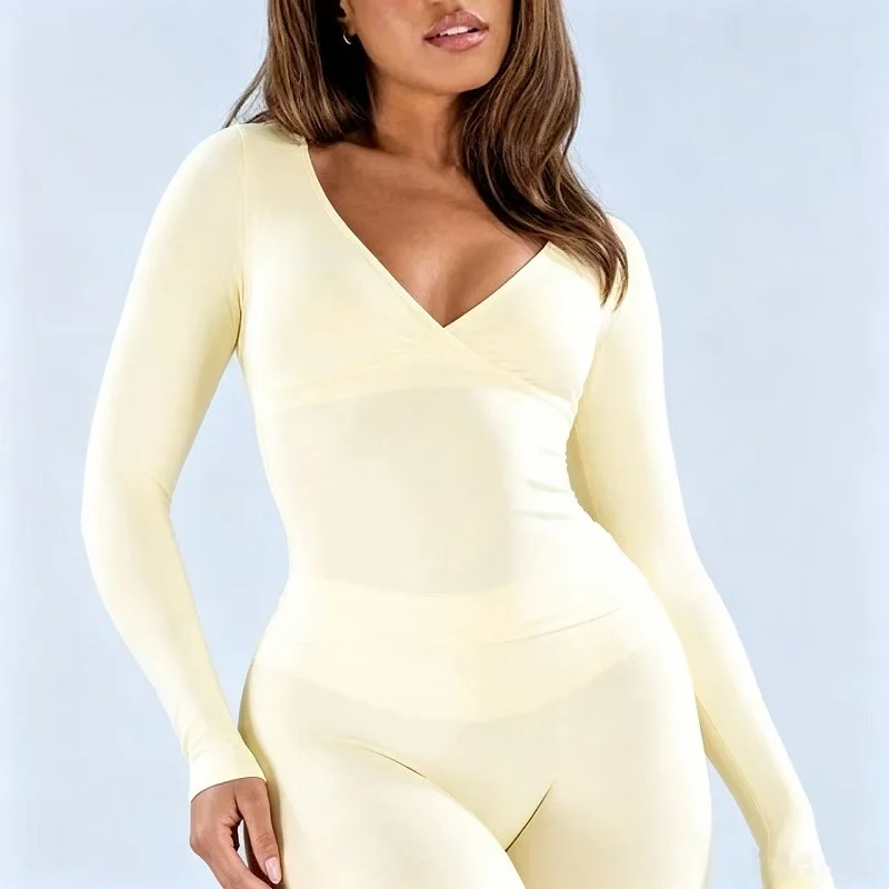 Gym Top Women V Neck Wrap Long Sleeve Top Seamless Slim Fit Shaper T‑shirt Soft Stretchy Workout Blouse Yoga Workout Daily Wear