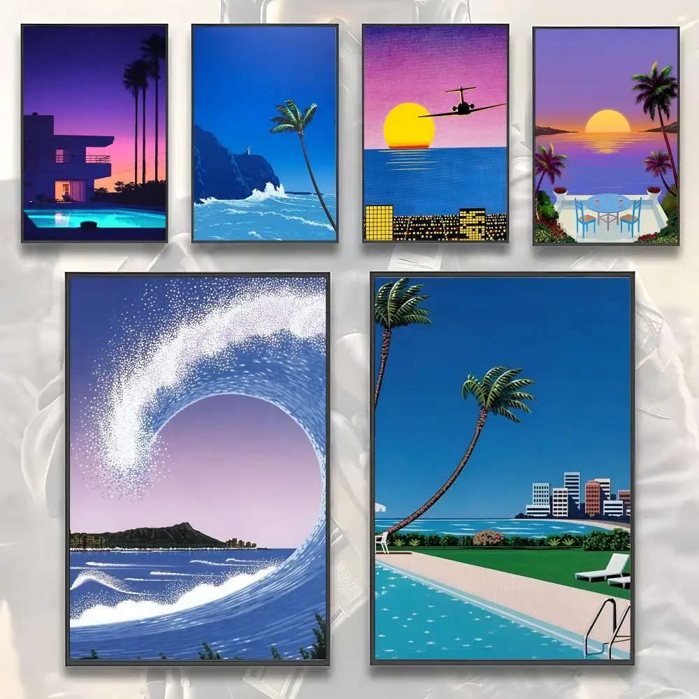 Hiroshi Nagai Vaporwave Japan Beach Painting Calligraphy HD-Leinwandposter für Wohnzimmer, Schlafzimmer, Bar, ästhetische Dekoration