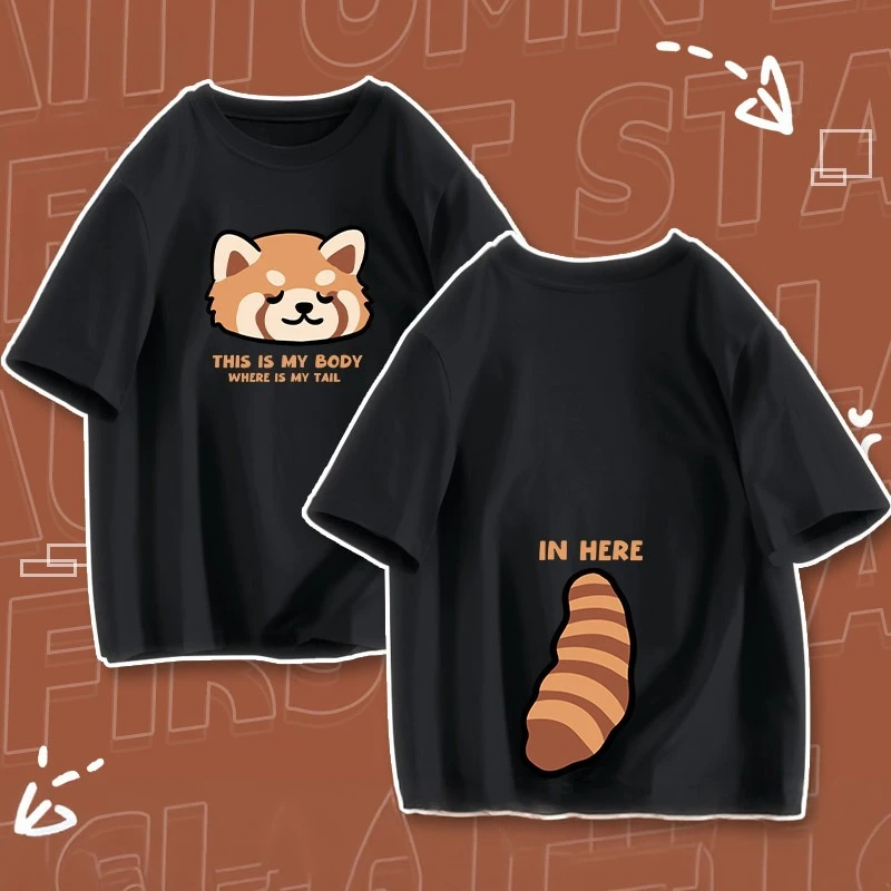 Red panda front and back printed short sleeved T-shirt, daily casual text printed funny top