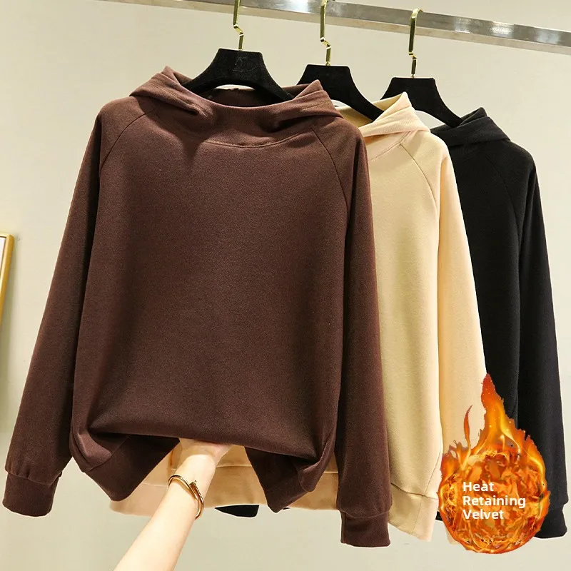 Thiened Fce Autumn Winter Hoodie Women's Thermal Top Loose plus Size Slimming Long Sve T-irt ort Outerwear
