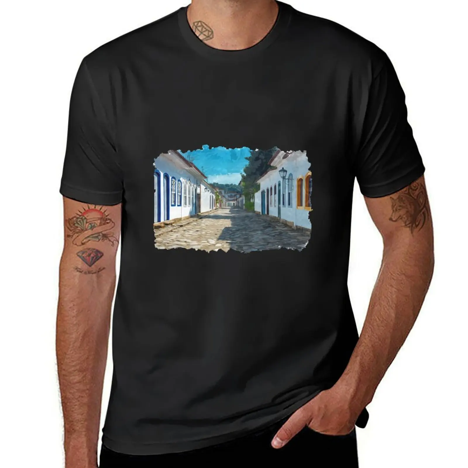 

Harbor street at the world cultural heritage Paraty in Brazil in watercolor T-Shirt Short sleeve tee men graphic t shirts