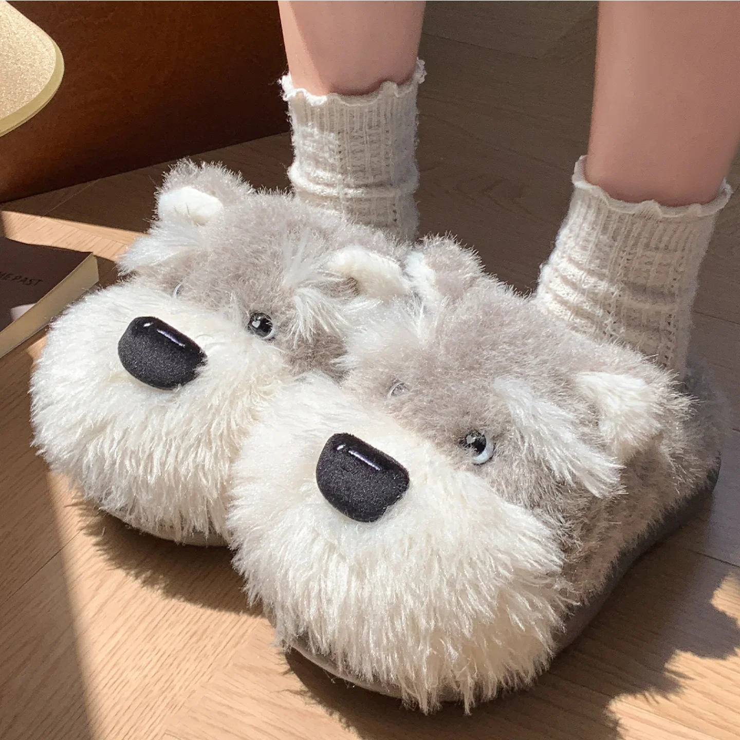 Women Winter Kawaii Puppy Dog Fluffy Fur Slippers Thick Bottom Platform Long Plush Cotton Slippers Closed Toe House Fuzzy Shoes