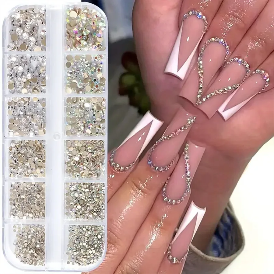 

1440 nail glass rhinrhinos Ultra shiny white gold bottom diamond nail AB Magic color 12 grid mixed accessories