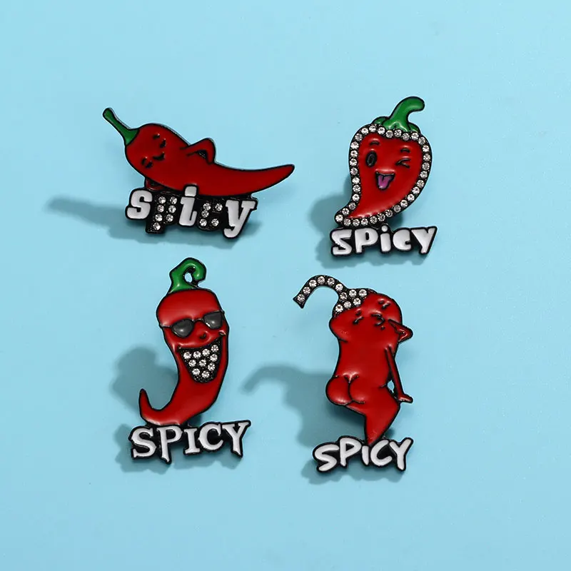 Creative Funny Red Pepper Theme Crystal Pins Cute Chilis Figure Spicy Enamel Brooches Cheap Vegetable Jewelry Wholesael