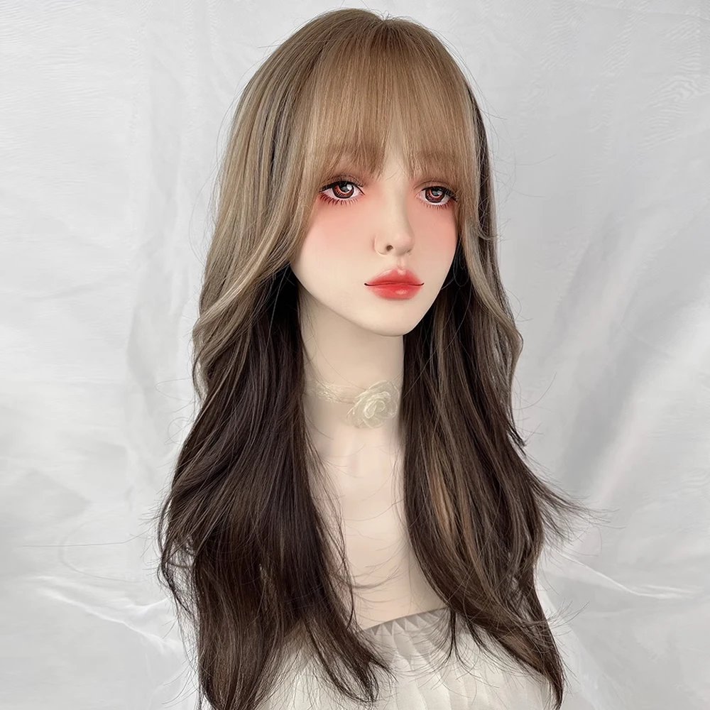 VICWIG Long Wavy Synthetic Brown Mix Layered Wig with Bangs Women Lolita Cosplay Fluffy Hair Wig for Daily Party