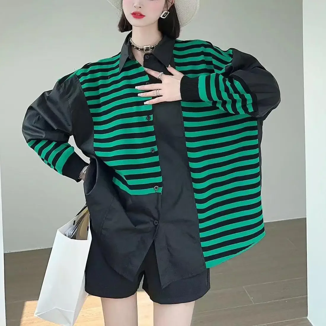 

DIMANAF New Plus Size Autumn Casual Striped Blouse Women Long Sleeve Bat Patchwork Basic Green Black Shirts Tops Tees Loose