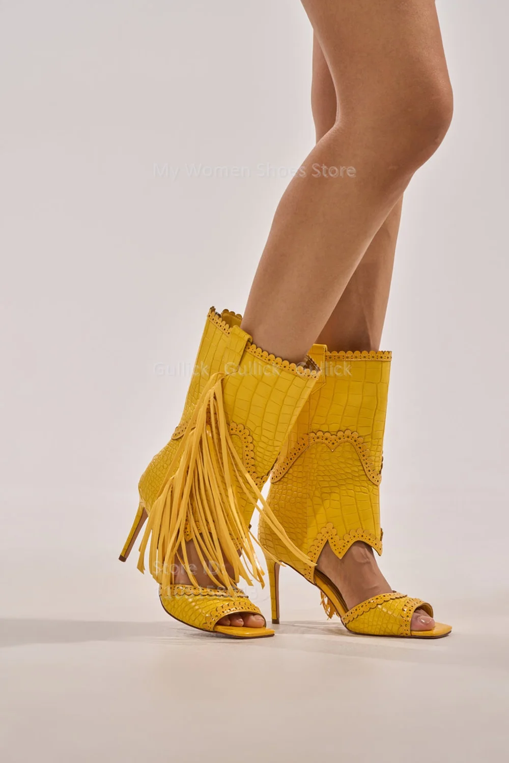 Botas de verano con flecos y estampado de piedra amarilla, de media pantorrilla, con corte y cremallera, hechas a medida, calzado de vestir para otoño-invierno 2026, tacones finos altos