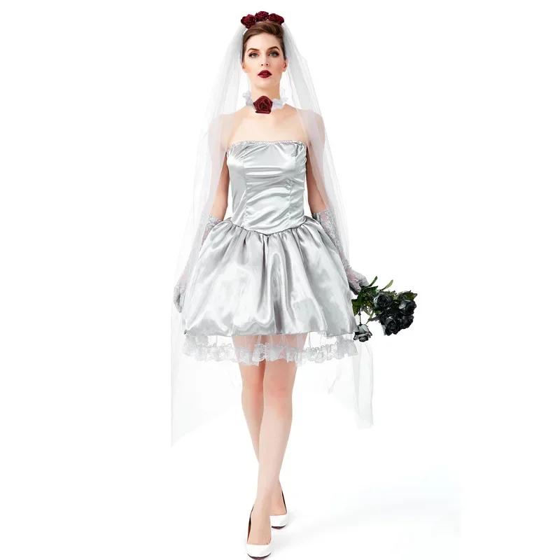 Costume Cosplay della sposa fantasma grigio argento di Halloween