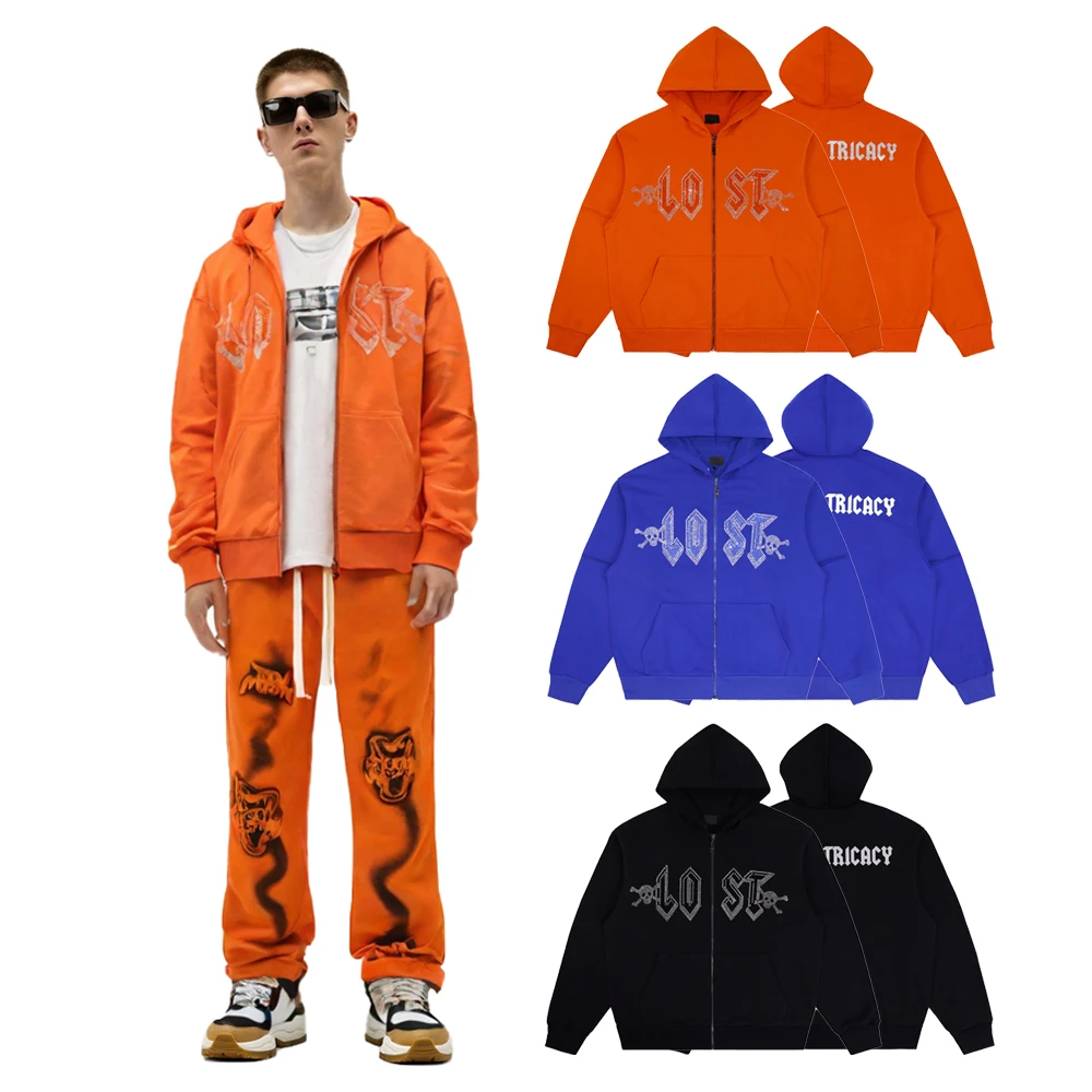 

New Y2k Clothing Mens Zipper Hoodies with Rhinestones Graphic Streetwear Hiphop Street Style Cotton Oversized Casual Sweatshirts
