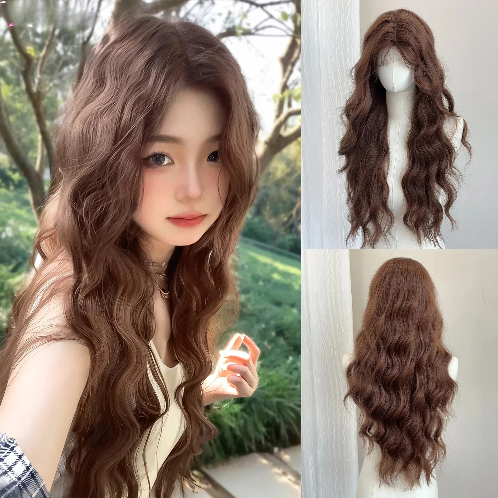 30 بوصة الاصطناعية المياه مجعد موجة لا الانفجارات شعر مستعار بني الطبقات الألياف مقاومة للحرارة شعر طبيعي ناعم حفلة للنساء