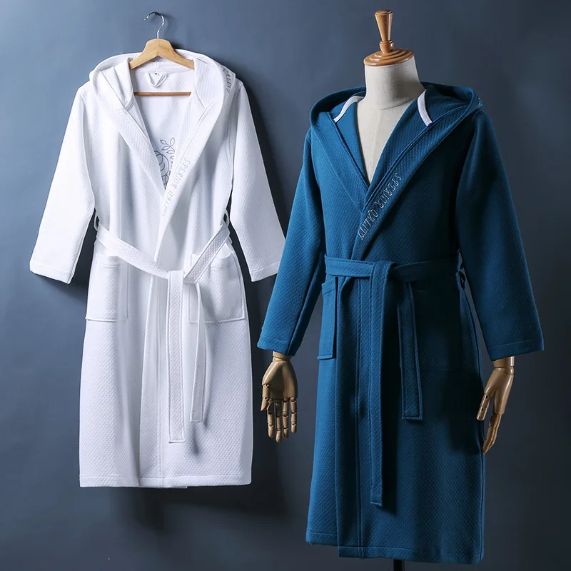 100% Cotton Long Bathrobe Plus Size Winter Quilted Women Men Embroider Kimono Bath Robe Hooded Bridesmaid Dressing Gown Wedding