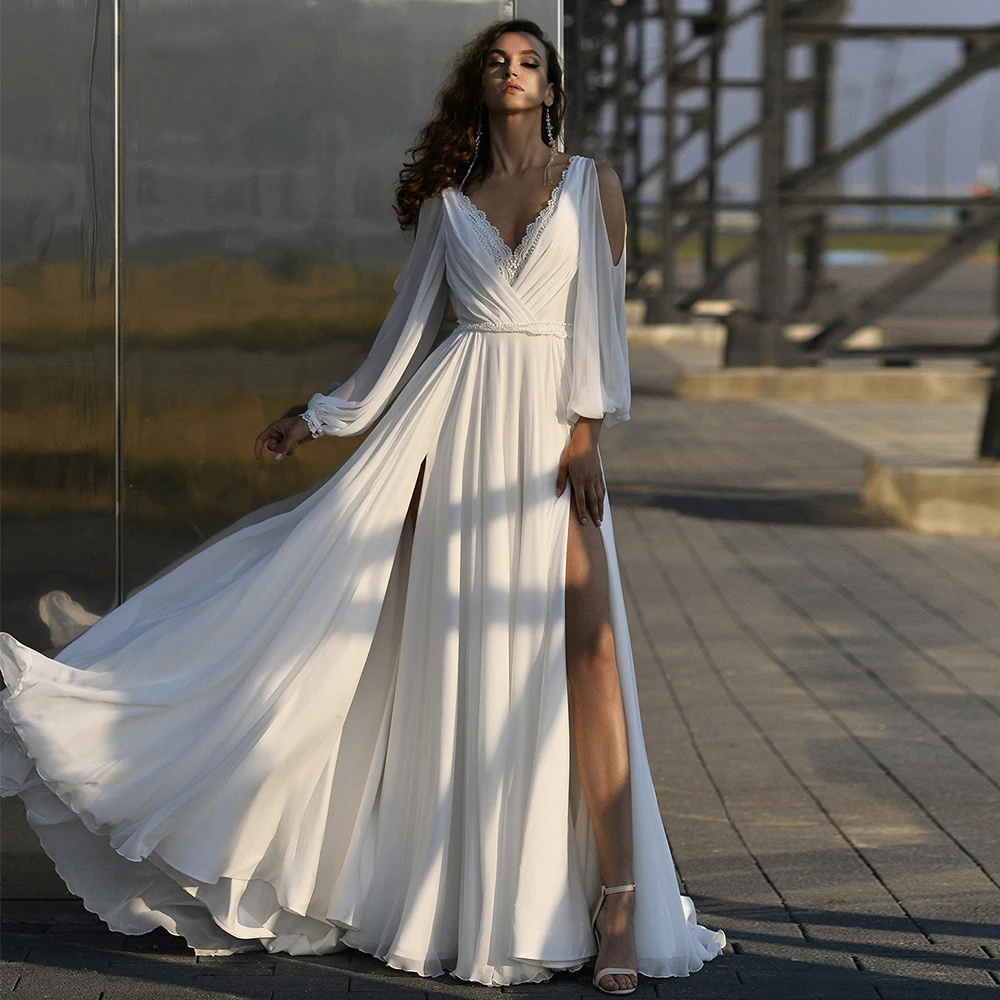 

Weilinsha Leakage Shoulder Long Sleeve Chiffon Wedding Dress Sexy Side Slit Pleat Lace V-Neck Women Bridal Gown Vestido De Novia