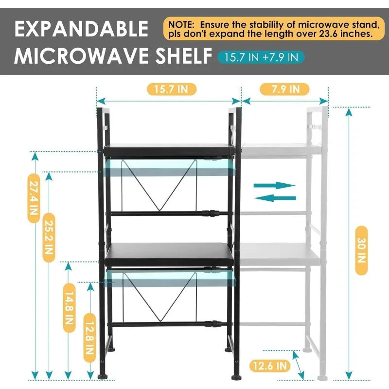 Expandable Microwave Rack, Countertop Kitchen Utensils Tableware Storage, Carbon Steel 3 Tier Shelf with 3 Hooks