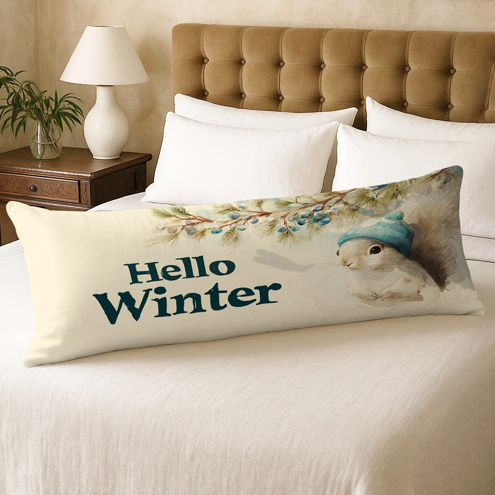 1pc Body Pillow Cover Christmas Decoration with Pine Tree Leaves And Fruits, Hello Winter, 20*54 Inches, Suitable for Living Roo