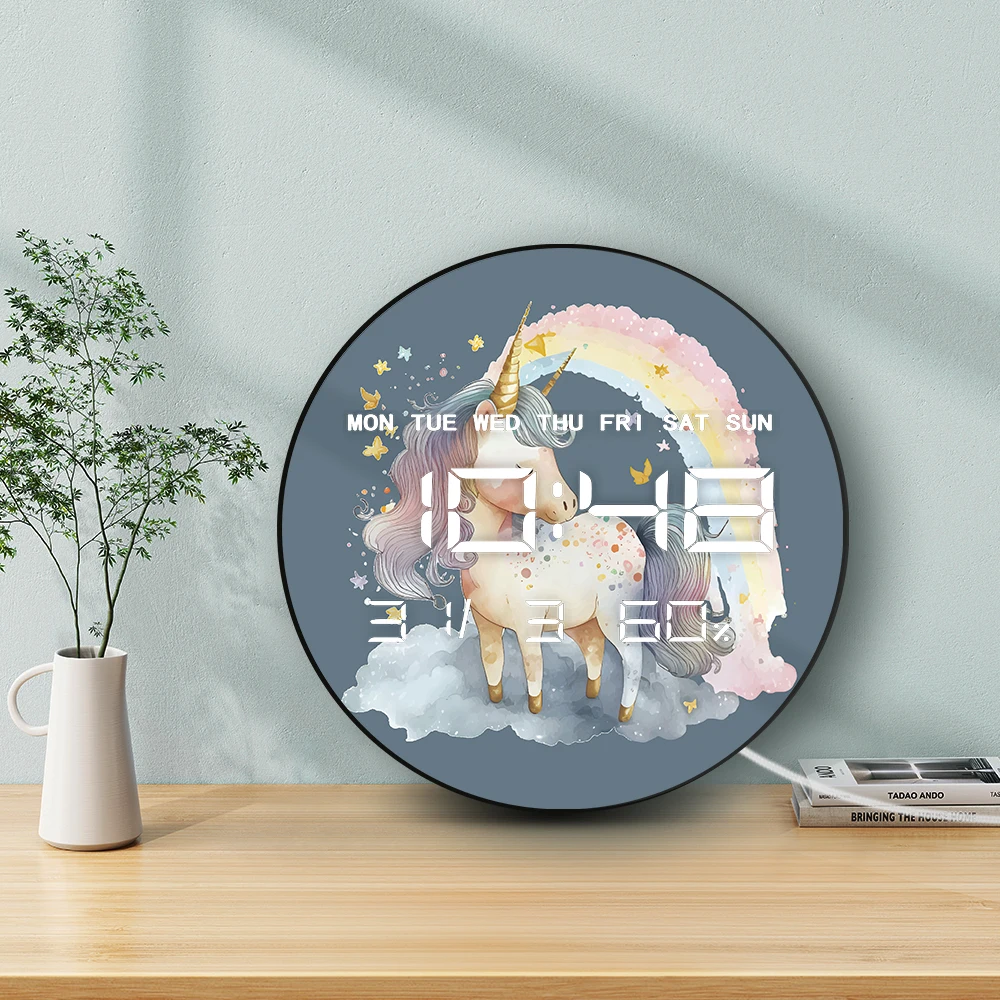 قوس قزح يونيكورن ساعة حائط إلكترونية حديثة عرض عددي كبير للفتيات غرفة الحضانة الخيال ديكور المنزل ساعة حائط رقمية