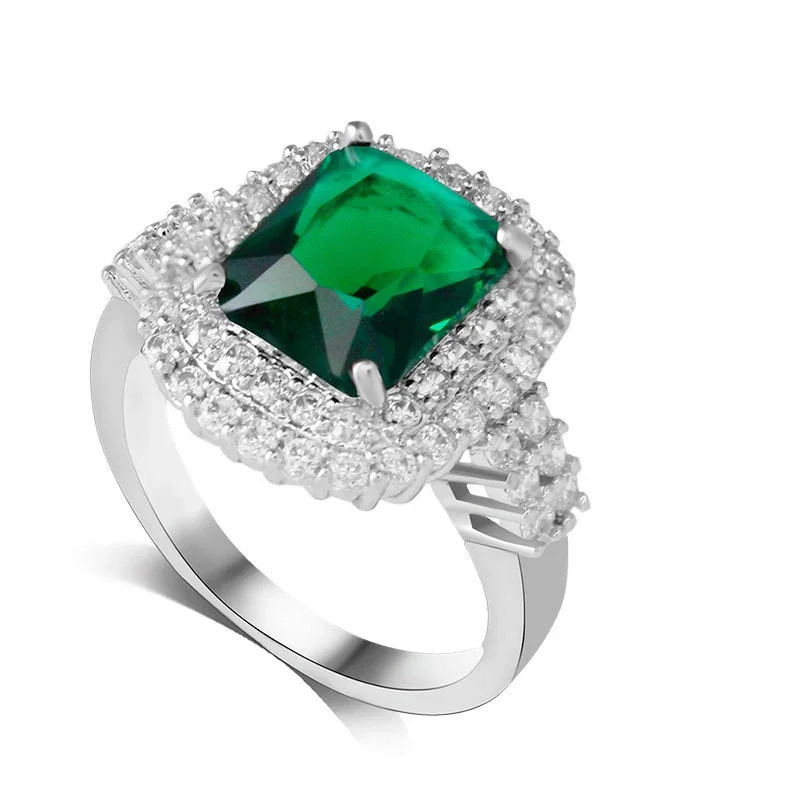 Trendiges, einzigartiges Design, modische Ringe aus 925er-Sterlingsilber mit großem grünem Kristall und Strass-Kristall-Ehering für Frauen