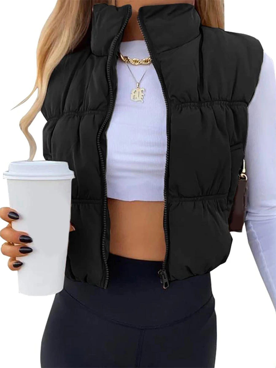 

Women Winter Short Vest Padded Coat Stand Collar Lightweight Sleeveless Puffer Zip Up Gilet Outerwear